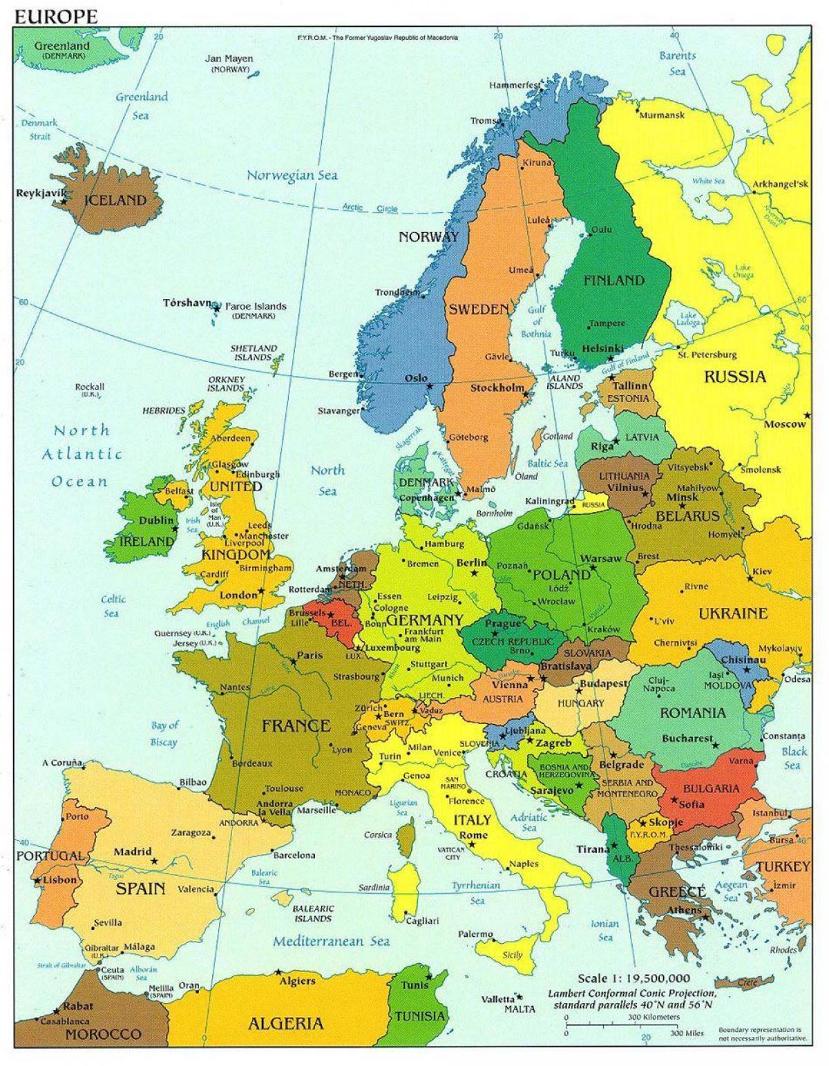 kaart van europa met denemarken
